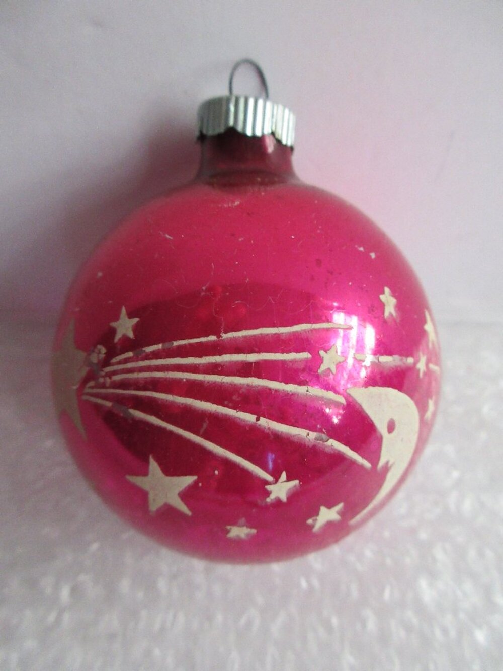 Pink Shiny Brite Moon & Star Atomic Stencil Christmas Ornament 10 Cent Cap Vtg